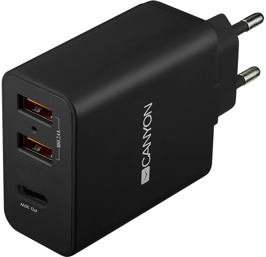 Акція на Canyon Wall Charger 2xUSB+USB-C 30W Black (CNE-CHA08B) від Stylus