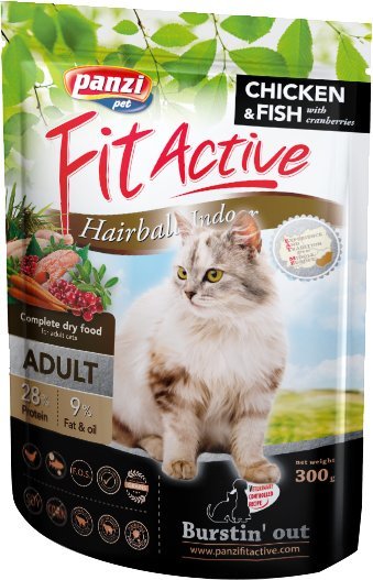 

Сухой корм FitActive Hairball Indoor для взрослых котов с профилактикой вывода шерсти с птицей рыбой и клюквой 300 г