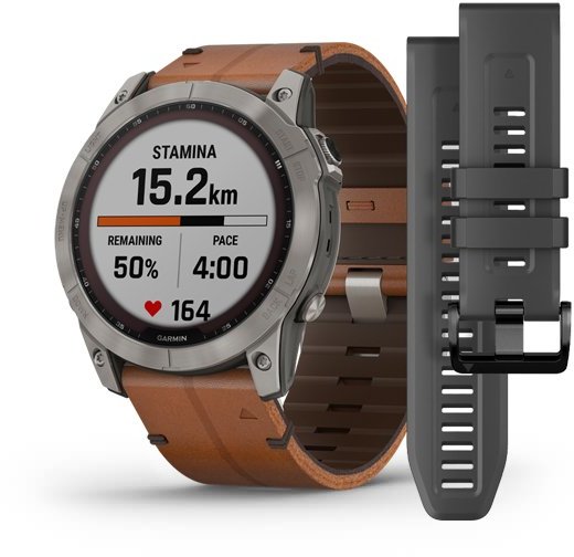 

Garmin Fenix 7X Sapphire Solar Titanium with Chestnut Leather Band (010-02541-19)