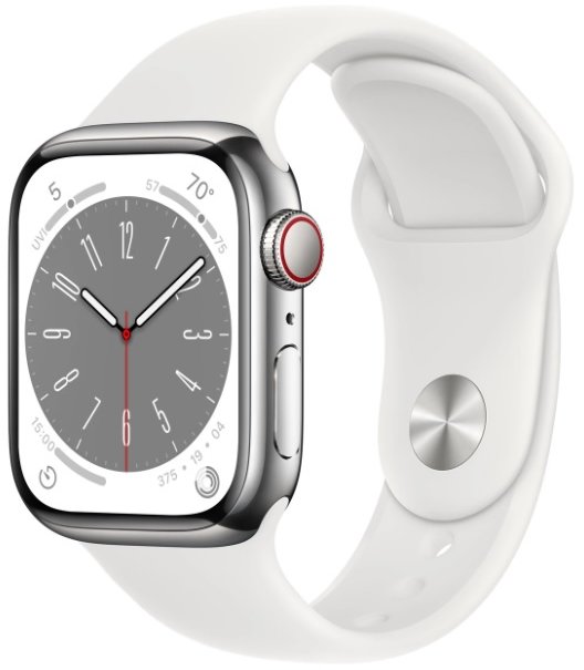 Акція на Apple Watch Series 8 45mm GPS+LTE Silver Stainless Case with White Sport Band (MNKE3) від Y.UA