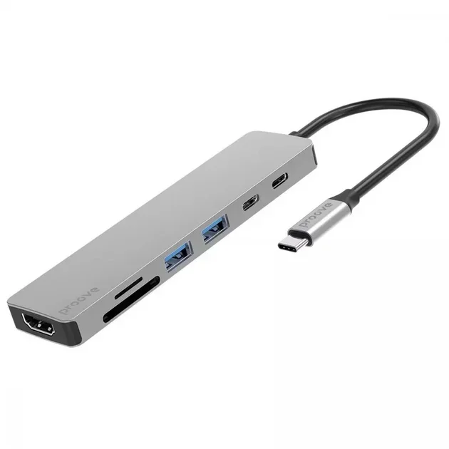 Акція на Proove Adapter Iron Link USB-C to 2xUSB-C+2xUSB3.0+HDMI+SD+TF Silver (HBIL00222004) від Stylus