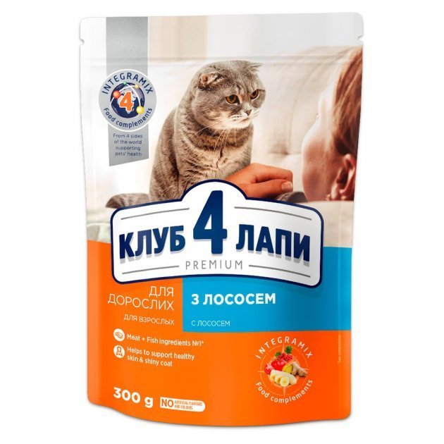 

Сухой корм Club 4 Paws Premium Adult cats для взрослых кошек с лососем 0.3 кг (4820083909221)