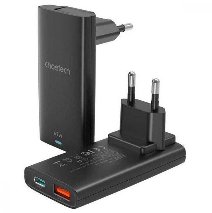 Акція на Choetech Wall Charger USB-C+USB GaN 65W Black (PD6011-EU-BK) від Stylus