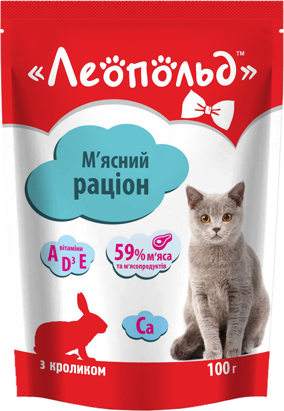 

Влажный корм для кошек Леопольд Мясной рацион с кроликом 100 г х 24 шт. (4820185491471-24)