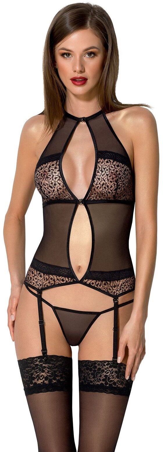 

Корсет с пажами Passion Satara Corset Вlack XXL/XXXL (стринги в наборе)