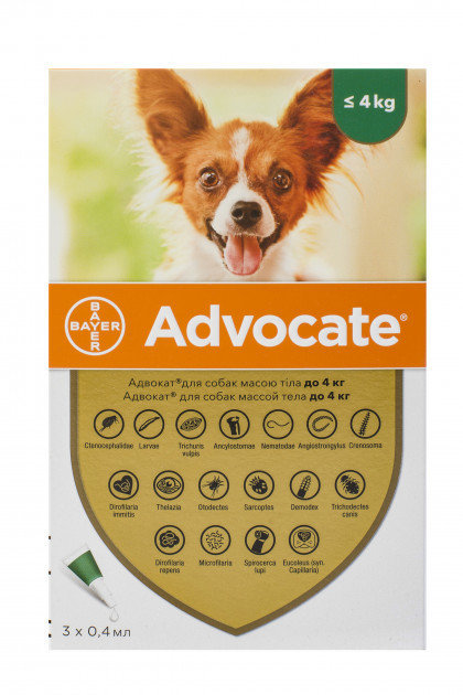 Акція на Краплі Bayer Advocate для собак до 4 кг від заражень ендо- та екто паразитами 3 піпетки / 1 уп. (4007221037408) від Y.UA
