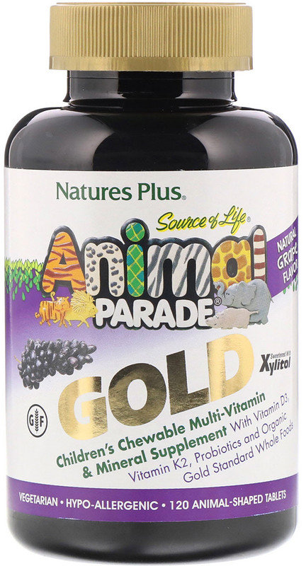 

Nature's Plus, Source of Life, Animal Parade Gold, Children's Chewable Multi-Vitamin & Mineral Supplement, Natural Grape Flavor, 120 Tabs (NTP29934)