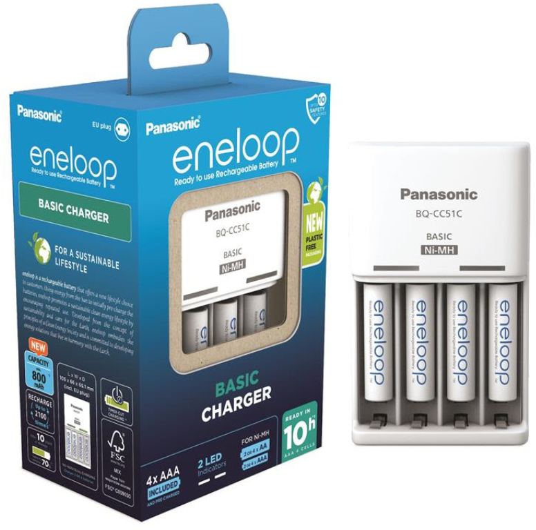 

Panasonic Basic Charger BQ-CC51 + Eneloop 4xAAA 800 mAh plastic free pack (K-KJ51MCD04E)