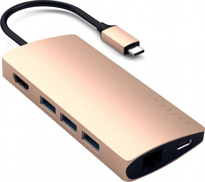 Акція на Satechi Adapter USB-C to USB-C+RJ45+HDMI+3xUSB3.0 Gold (ST-TCMA2G) від Y.UA