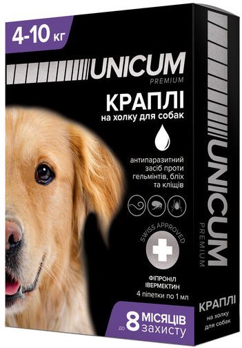 

Капли от блох, клещей и гельминтов Unicum Complex Рremium для собак 4-10 кг (UN-032)