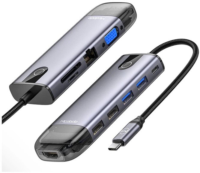 Акція на McDodo Adapter USB-C to USB-C 2xUSB+2xUSB3.0+HDMI+RJ45+SD Grey (HU-7420) від Stylus