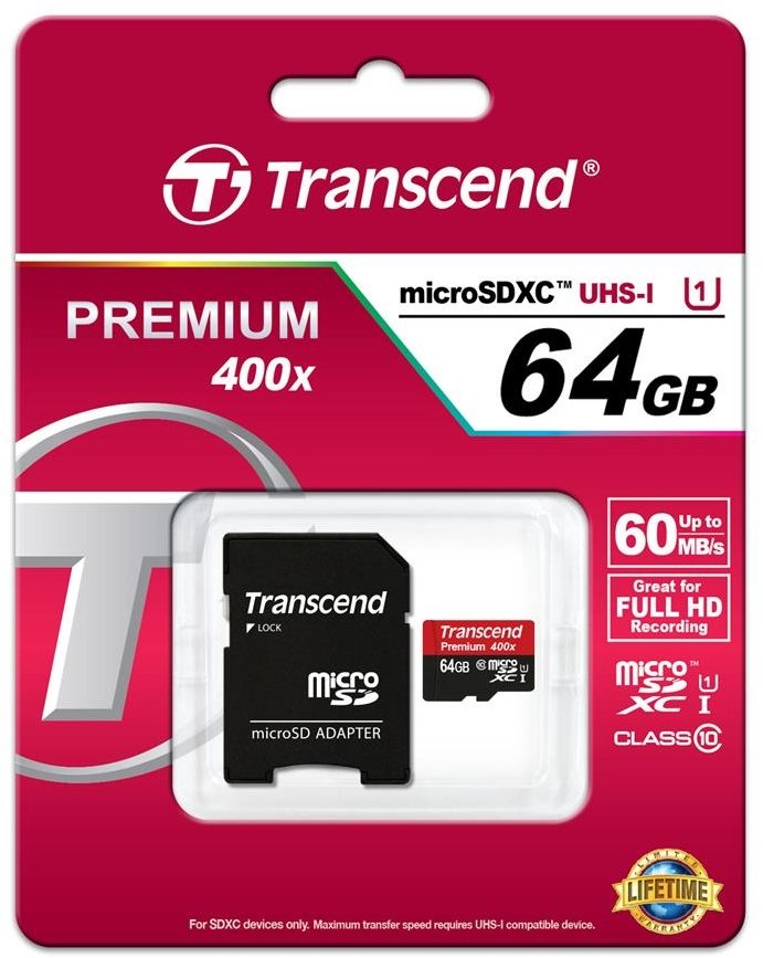 

Transcend 64GB microSDXC Class 10 UHS-I U1 Premium 400X + adapter (TS64GUSDU1)