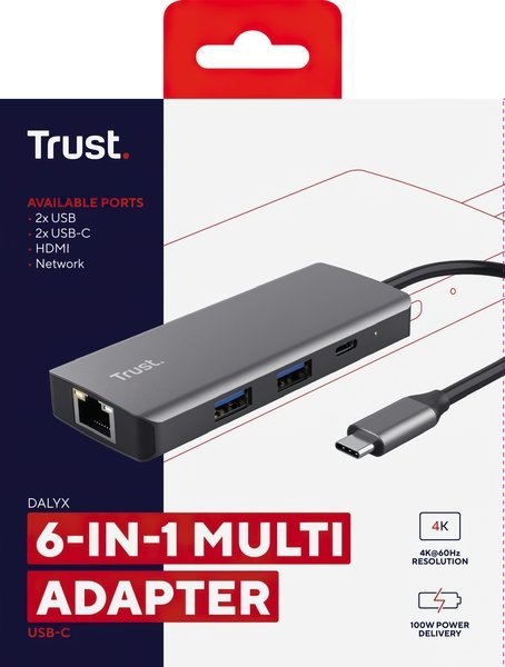 Акція на Trust Adapter Dalyx USB-С to 2xUSB3.2+2хUSB-С+HDMI+RJ45 Black (24968_TRUST) від Stylus