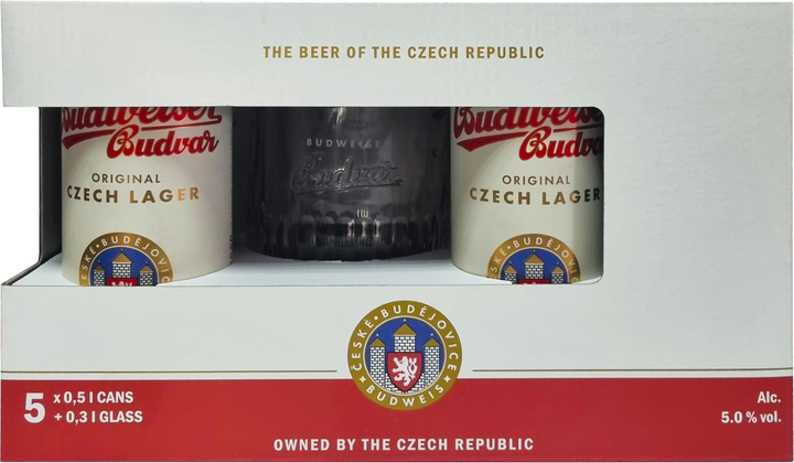 Акція на Подарочный набор пива Budweiser Budvar Original Czech Lager 5% 5х0.5 л + бокал 0.3 л (8594403706376) від Stylus