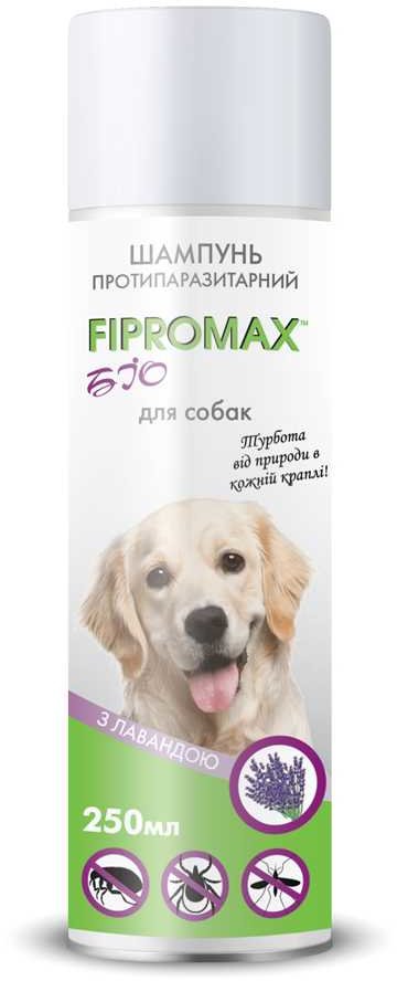 

Шампунь Fipromax Bio от блох и клещей для собак средних и крупных пород с лавандой 250 мл (НФ-00002022 (FB-018))