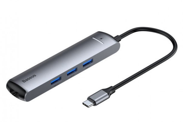 Акція на Baseus Adapter USB-C to 3xUSB3.0+HDMI+USB-C+RJ45 Gray (CAHUB-J0G) від Stylus