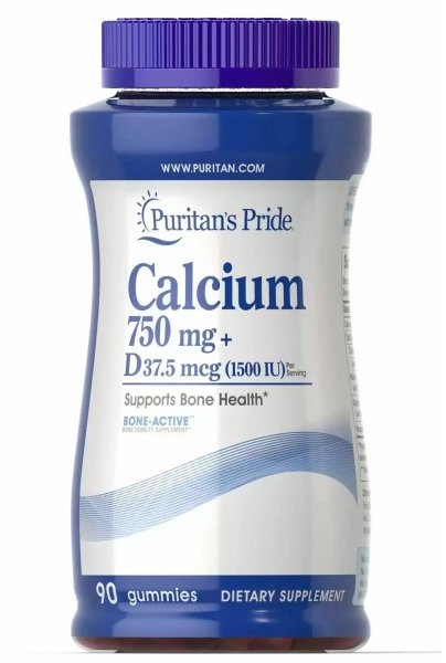 

Puritan's Pride Calcium 750 mg + Vitamin D 1500 Iu Кальцій і вітамін Д3 90 жувальних цукерок