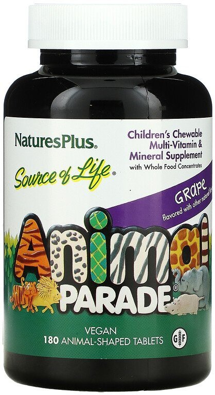 

Nature's Plus Animal Parade Multi-Vitamin and Mineral Витамины для детей вкус виноград 180 жевательных таблеток