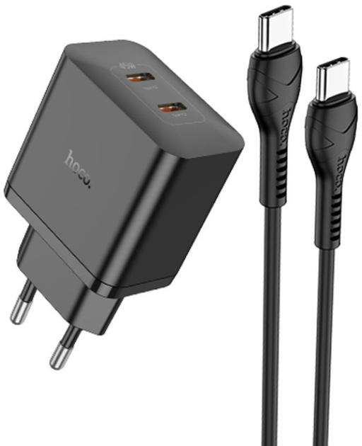 Акція на Hoco Wall Charger N35 Streamer 2xUSB-C 45W Black with USB-C Cable від Stylus