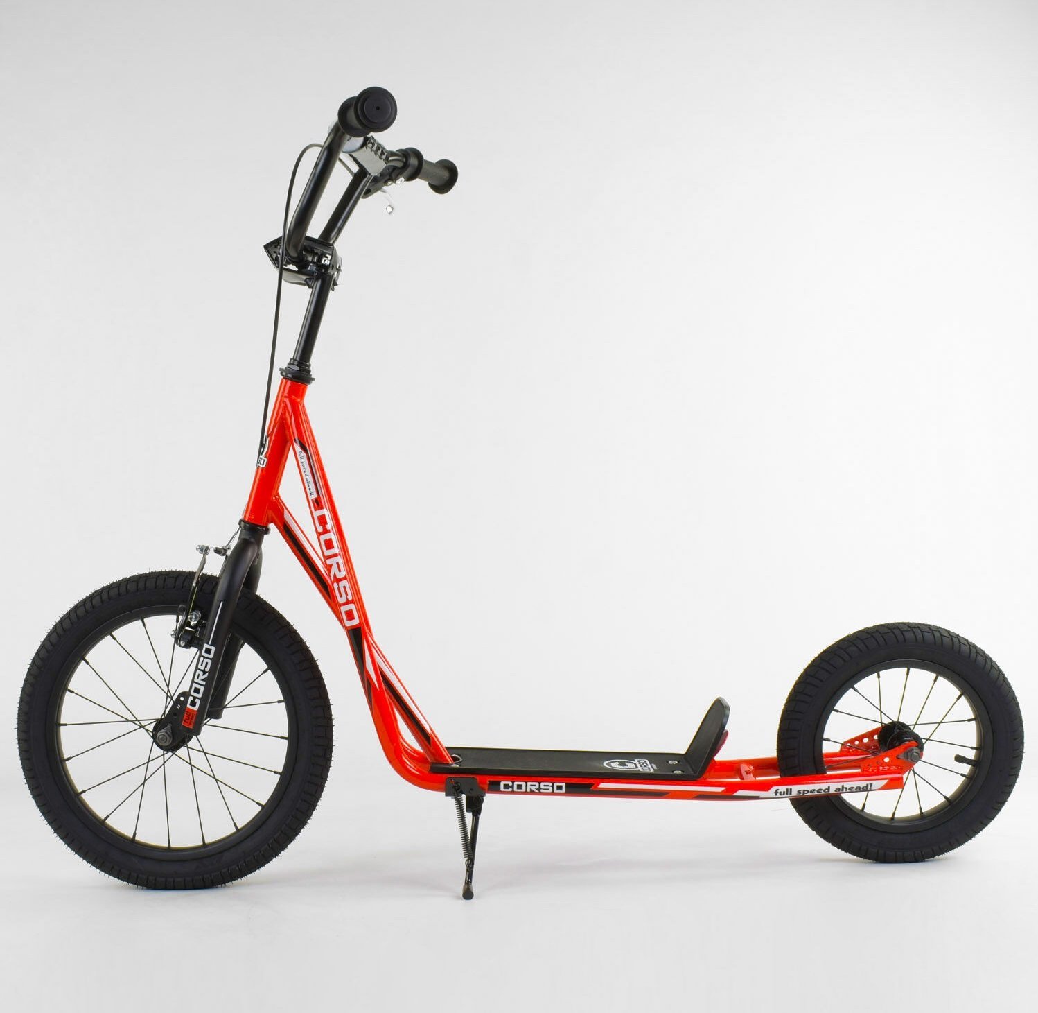 Акция на Самокат детский "Corso" надувные колеса переднее 16" / заднее 12" + ручной передний тормоз Orange (86804) от Stylus