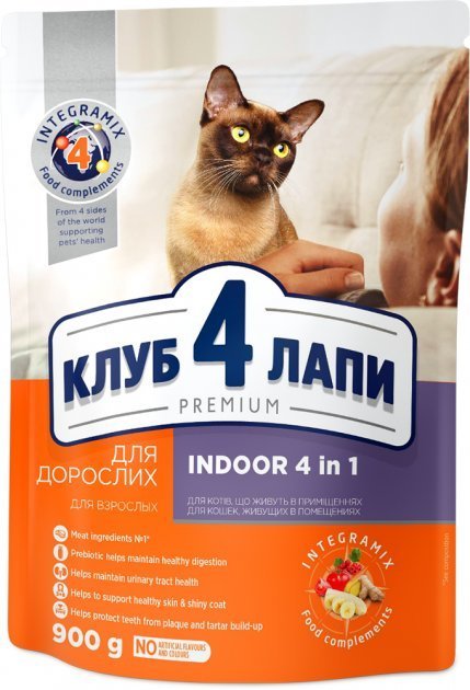 

Сухой корм Club 4 Paws Premium Adult cats для взрослых кошек, живущих в помещении 4в1 0.9 кг (4820083909412)