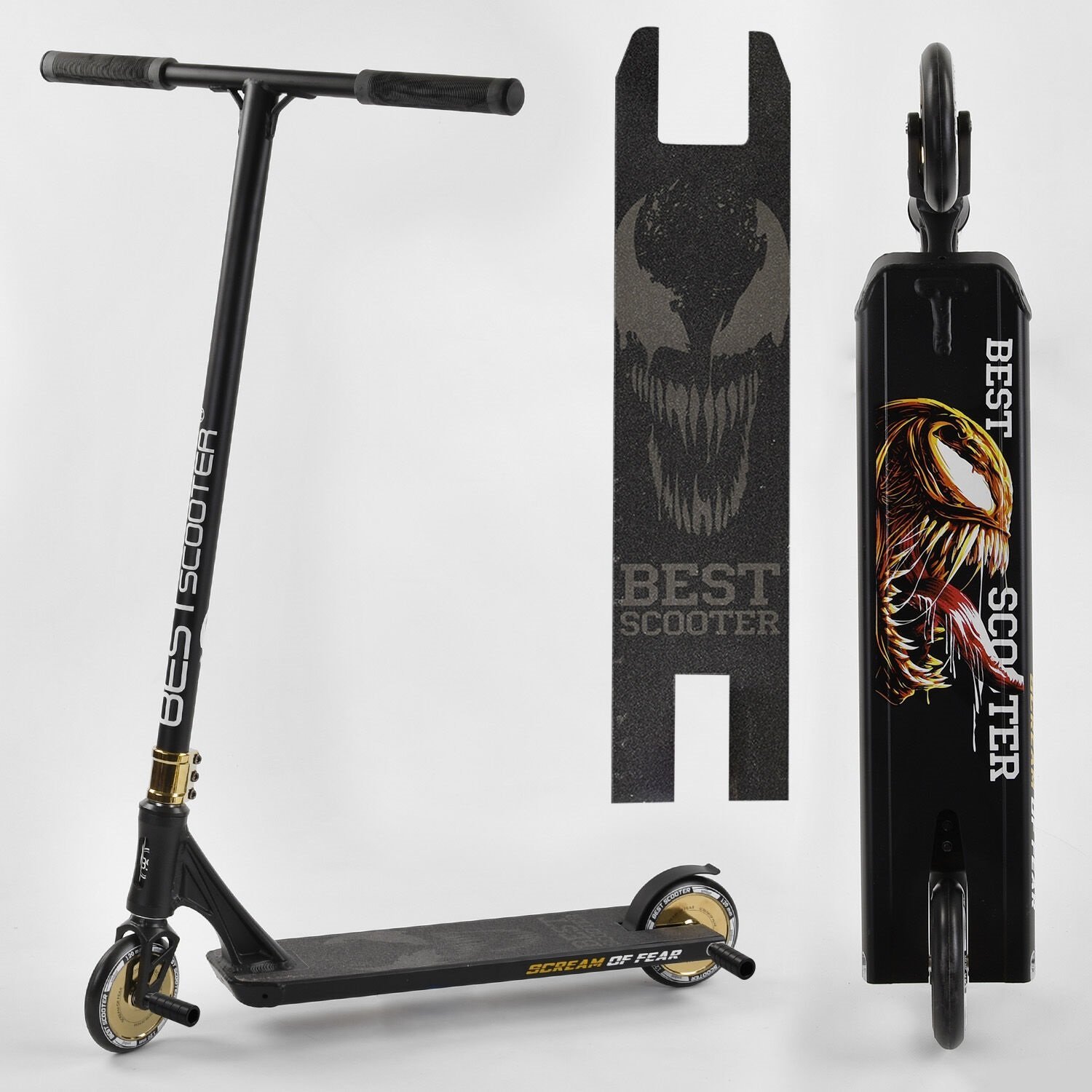 

Самокат трюкових Best Scooter "SIMBIOTE" HIC-система, Пегі, алюмінієвий диск і дека Black / Gold (102307)