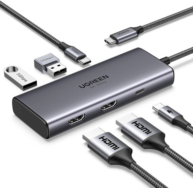 Акція на Ugreen Adapter CM498 USB-C to 2xHDMI+2xUSB3.0+USB-C+PD 100W (15852) від Stylus