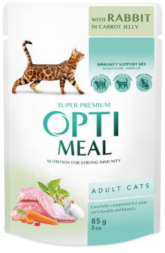 

Вологий корм Optimeal Adult Cats Rabbit in Carrot jelly для кішок з кроликом у морквяному желі 12х85 г (4820215365840)