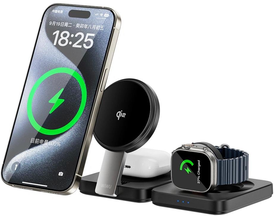 Акція на Wiwu Wireless Charger 15W Black (Wi-W028) for iPhone 16 I 15 I 14 I 13 I 12 series, Apple Watch and Apple AirPods від Stylus