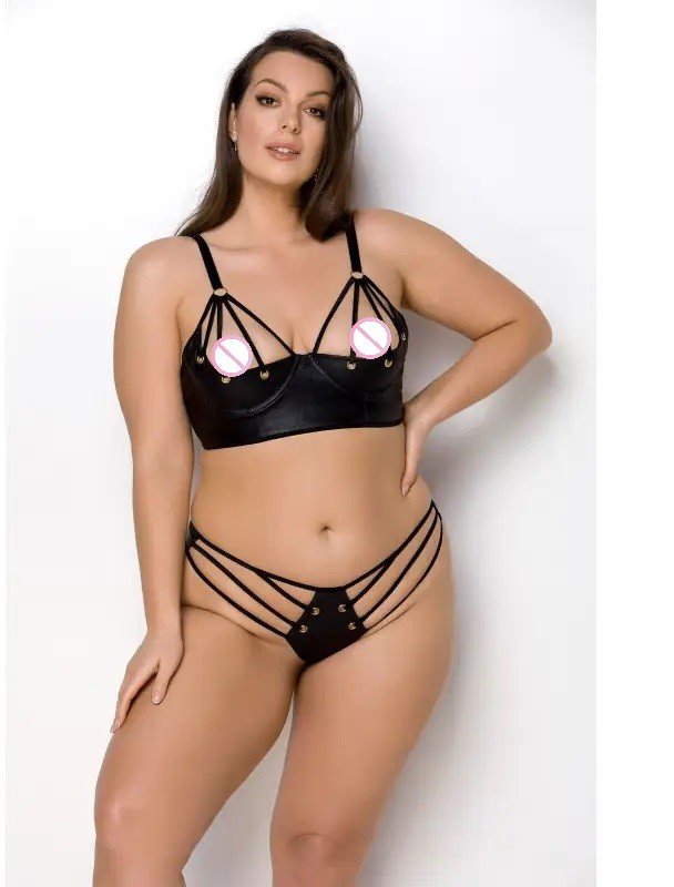 

Комплект з еко-шкіри з люверсами та ремінцями Malwia Bikini black 4XL/5XL — Passion, бра та трусики