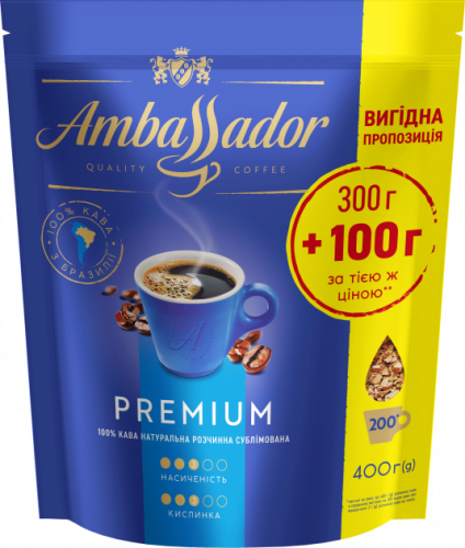 Акція на Кофе Ambassador Premium растворимый 300+100 г (8720254065427) від Stylus