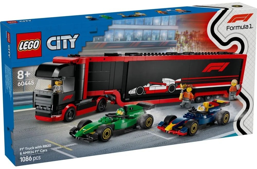 

Конструктор Lego City Вантажівка F1 з автомобілями RB20 та AMR24 1086 деталей (60445)