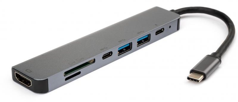 Акция на Vinga Adapter USB-C to 2xUSB-C+HDMI+2xUSB+SD/TF Grey (VCPHTC7AL) от Stylus