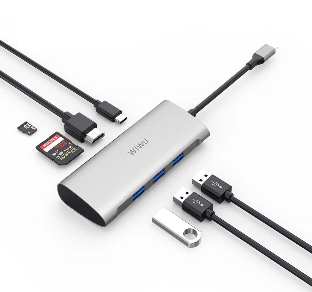 Акція на Wiwu Adapter Alpha 731HP USB-C to USB-C+3xUSB3.0+HDMI+USB-C+SD+TF Card Grey від Y.UA