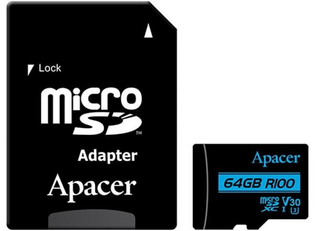 

Apacer 64GB microSDXC Сlass 10 UHS-I U3 V30 + adapter (AP64GMCSX10U7-R)