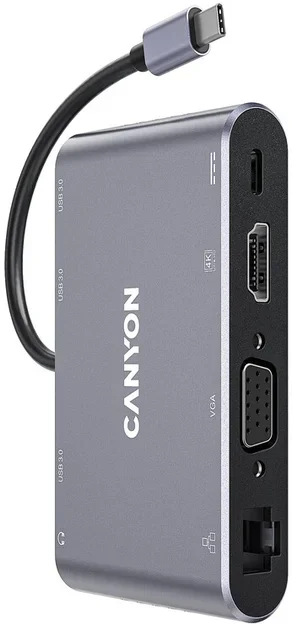 Акція на Canyon Adapter DS-14 USB-C to 3xUSB+VGA+HDMI+USB-C+3.5mm+RJ45 (CNS-TDS14) від Stylus