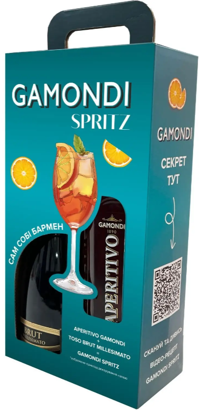 Акція на Набор Gamondi Spritz: Ликер Gamondi Aperitivo 13.5% 1 л + Игристое вино Toso Brut Millesimato 0.75 л (ALR17842) від Stylus