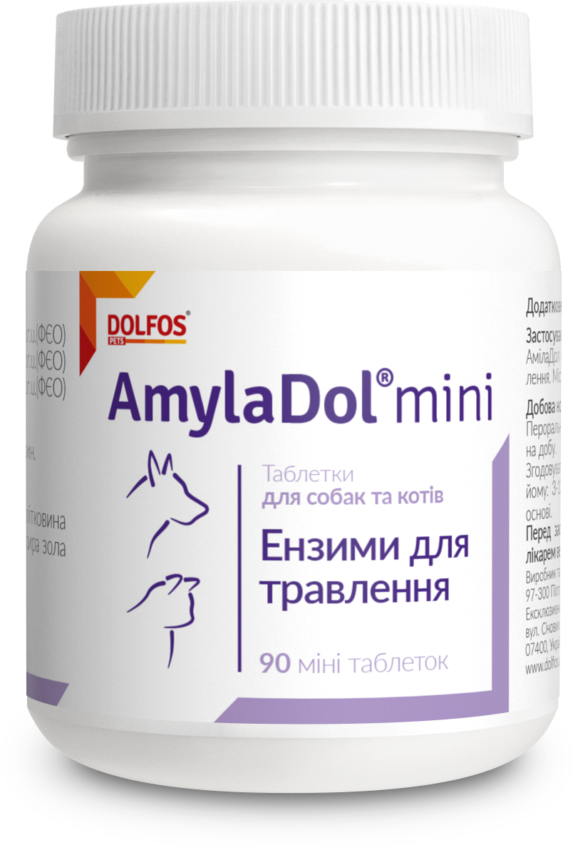 Акція на Витаминно-минеральный комплекс Dolfos AmylaDol mini для собак и кошек при нарушении пищеварения 90 таб. (1702-90) від Stylus