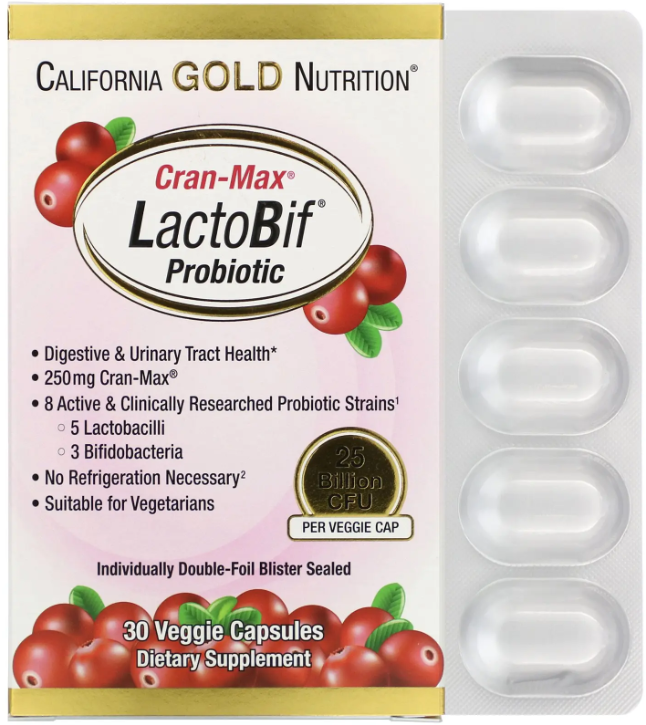 Акція на California Gold Nutrition LactoBif Cran-Max Пробиотики с клюквой 25 млрд КОЕ 30 растительных капсул від Stylus