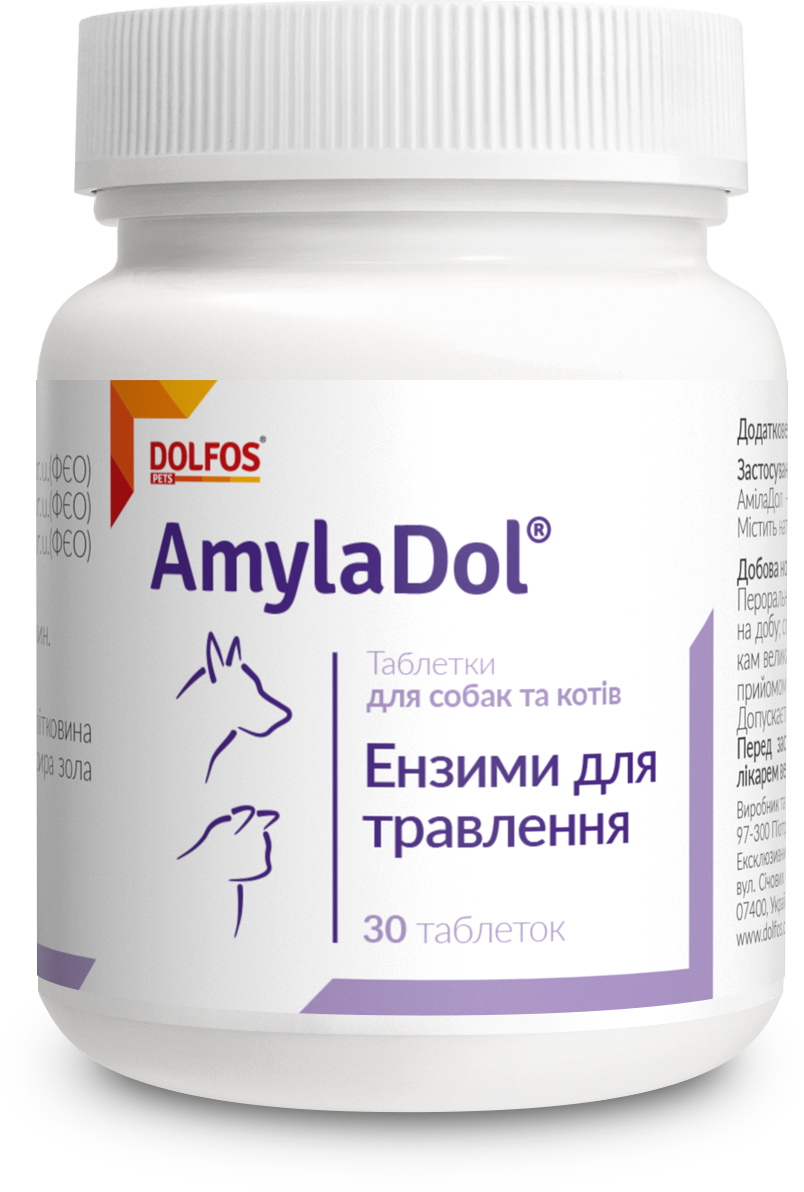 

Вітамінно-мінеральний комплекс Dolfos AmylaDol для собак та кішок при порушенні травлення 30 таб. (928-30)