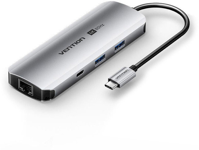 Акція на Vention Adapter USB-C to RJ45+2xUSB3.0+SD/TF+USB-C+HDMI+3.5mm+PD 100W (TQMHB) від Stylus