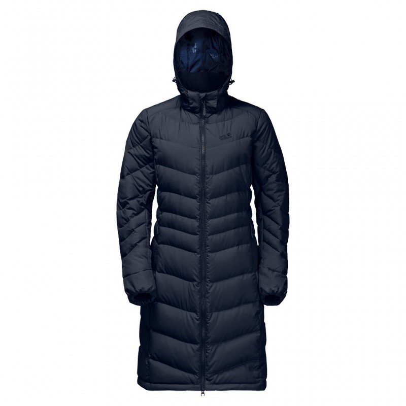 

Пуховик Jack Wolfskin Selenium Coat 1202081-1910 40 темно-синій зимовий з капюшоном довгий