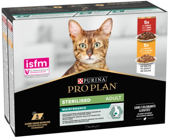 

Влажный корм ProPlan Sterilised для взрослых стерилизованных кошек кусочки в соусе с говядиной и с курицей 10x85 г (8445290855473)