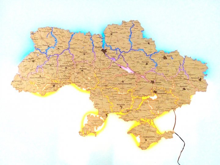 Акція на Карта Украины из фанеры с Led подсветкой Nevet сине-желтый Пульт управления 150х100 см (0001205) від Stylus