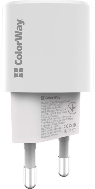 

ColorWay Wall Charger USB-C+USB GaN 33W Pd White (CW-CHS043PD-WT)