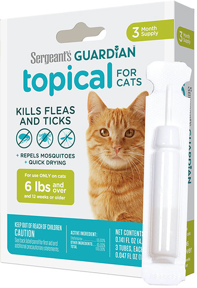 

Краплі від бліх, кліщів, комарів для котів Sergeant's Guardian Cats від 2.7 кг 3х1.4 мл (58428). Ціна за 1 піпетку. Продаж упаковкой/3піпетки