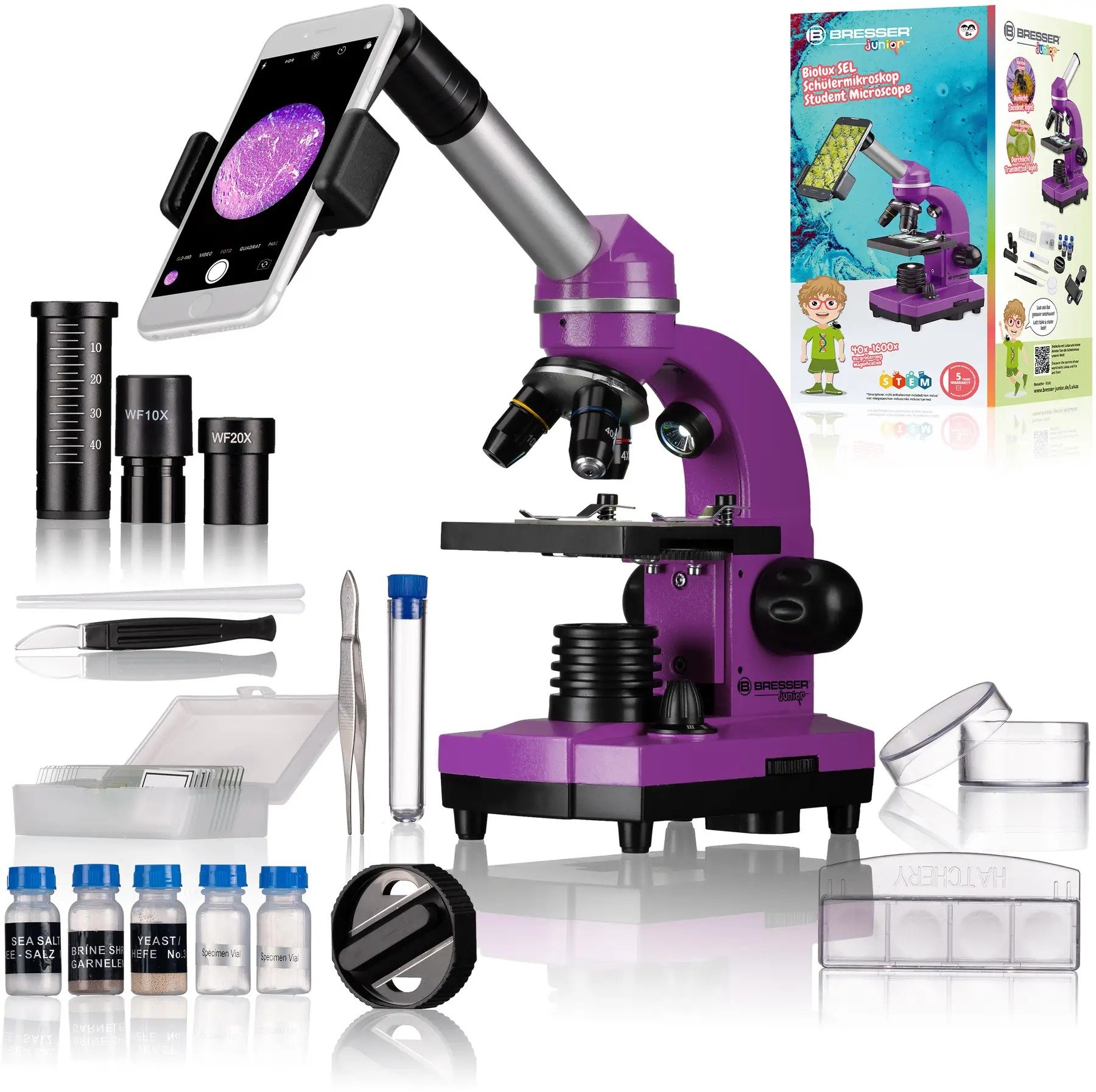 

Bresser Junior Biolux Sel 40x-1600x Purple с набором для опытов и адаптером для смартфона (8855600TJ5000)