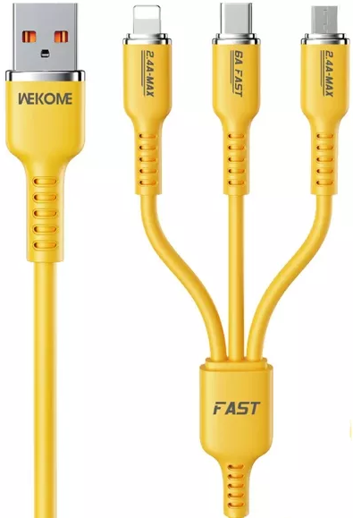 Акція на Wk Usb Cable to Micro USB/Lightning/Type-C Tint Series Real Silicon Super Fast Charging 66W Yellow (WDC-07th) від Stylus