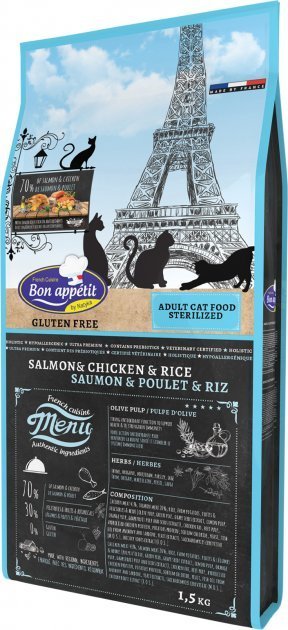 

Сухой корм Bon Appétit Adult Sterilized Cat Salmon & Chicken & Rice Безглютеновый для кастрированных котов и стерилизованных кошек с лососем, курицей и рисом 1.5 кг (3760240681823)