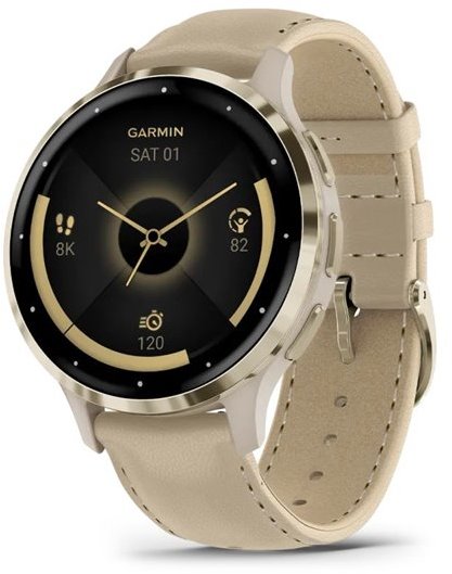 

Garmin Venu 3S Soft Gold Stainless Steel Bezel with French Grey Case and Leather Band (010-02785-55)